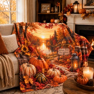 Personalized Fall Blanket, Custom Family Name Autumn Throw, Cozy Pumpkin Cabin Blanket, Welcome Home Housewarming Gift, Fall Home Decor image 2