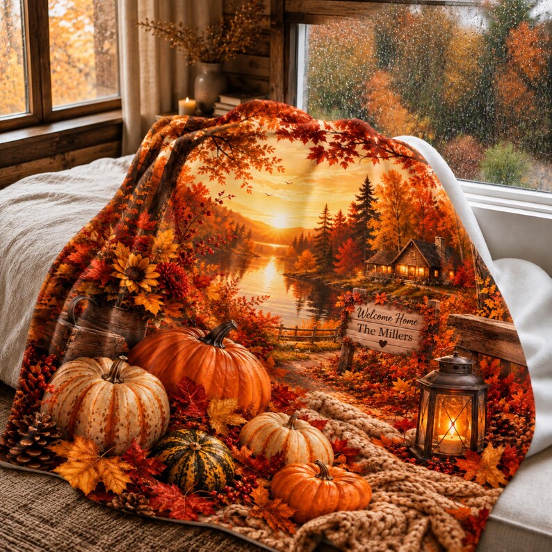 Personalized Fall Blanket, Custom Family Name Autumn Throw, Cozy Pumpkin Cabin Blanket, Welcome Home Housewarming Gift, Fall Home Decor image 4