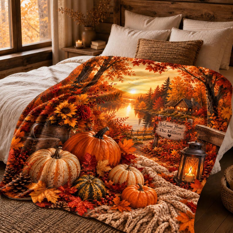 Personalized Fall Blanket, Custom Family Name Autumn Throw, Cozy Pumpkin Cabin Blanket, Welcome Home Housewarming Gift, Fall Home Decor image 6