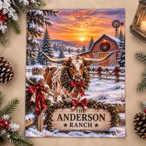 May include: A rectangular garden flag featuring a longhorn cow wearing a wreath, standing in a snowy landscape with a barn, windmill, and sunset. A wooden sign in the foreground reads THE ANDERSON RANCH with red bows and pine greenery.