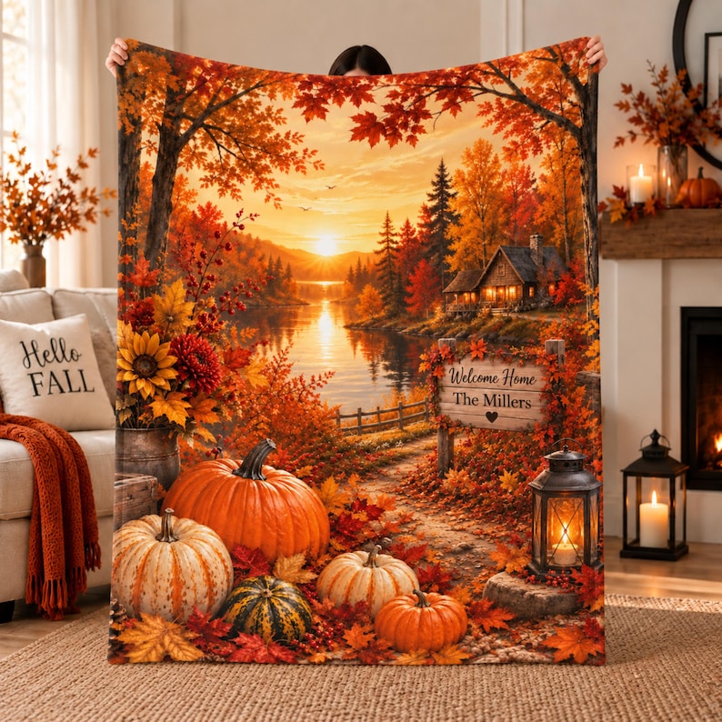 Personalized Fall Blanket, Custom Family Name Autumn Throw, Cozy Pumpkin Cabin Blanket, Welcome Home Housewarming Gift, Fall Home Decor image 1