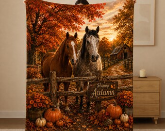 Autumn Horse Blanket, Fall Equestrian Throw, Happy Autumn Farmhouse Blanket, Horse Lover Gift, Pumpkin Fall Decor, Cozy Horse Throw