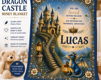 Copertina per neonati personalizzata con castello di draghi in tessuto Minky / Copertina personalizzata con nome del bambino / Copertina per cameretta ultra morbida e preziosa / Regalo per baby shower