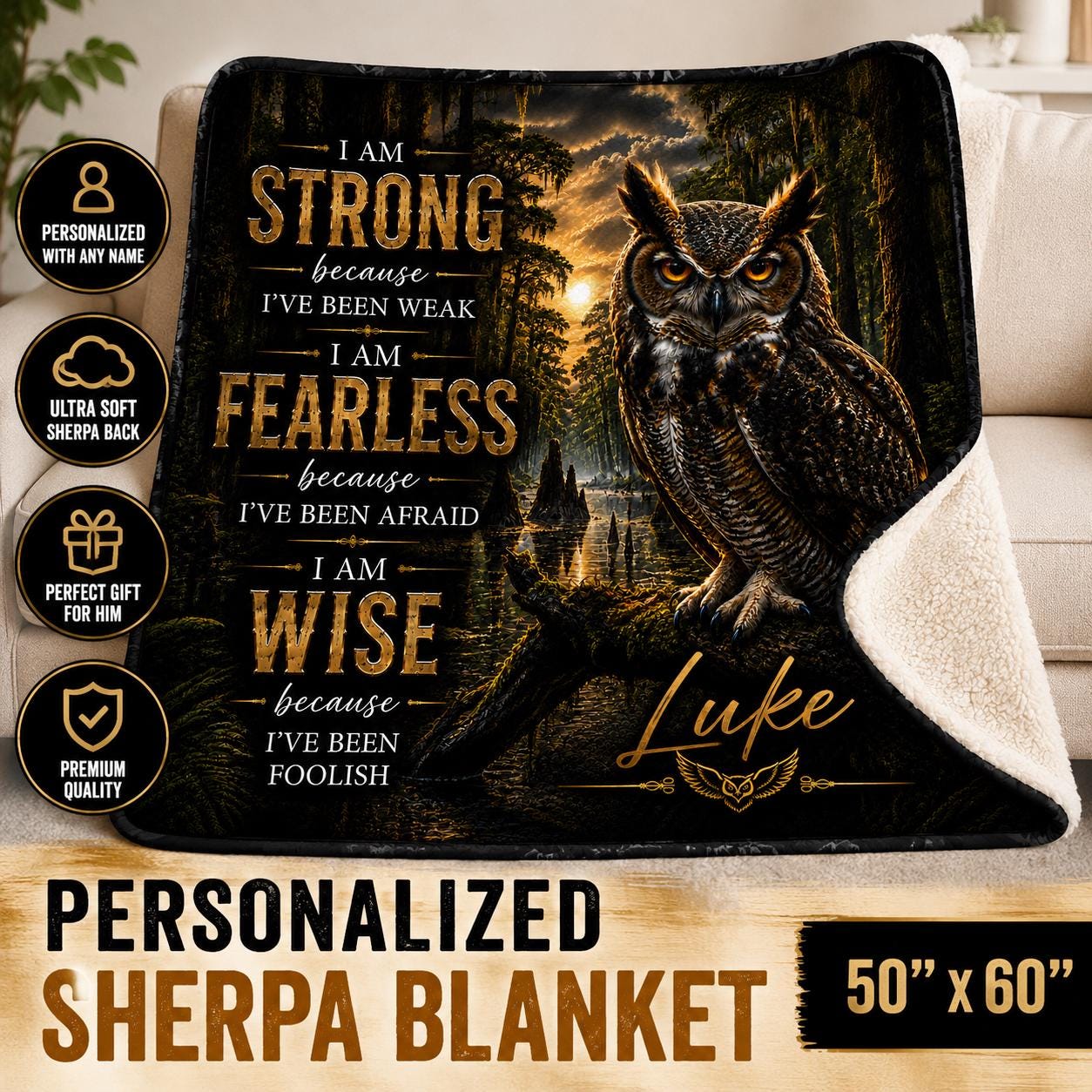 Personalized Owl Sherpa Blanket, Custom Name Owl Blanket, Wildlife Throw for Men, Rustic Cabin Blank