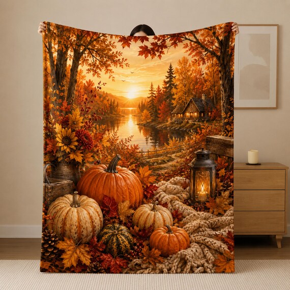 Autumn Blanket, Cozy Fall Throw Blanket, Pumpkin Cabin Blanket, Fall Home Decor, Thanksgiving Blanket, Autumn Gift for Her