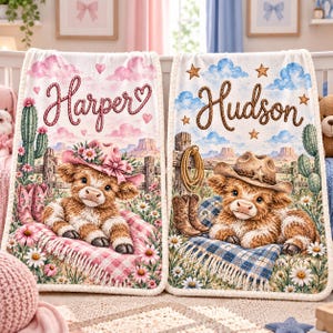 Personalized Baby Blanket, Cowboy Cowgirl Baby Blanket, Western Nursery Blanket, Highland Cow Baby Shower Gift, Custom Name Blanket