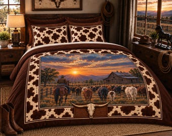 Ropa de cama estilo western, funda nórdica con estampado de rancho de ganado vaquero al atardecer, edredón o funda de almohada de piel de vaca, decoración rústica para el dormitorio.