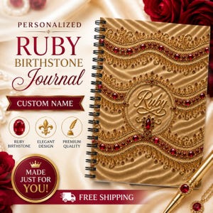 Personalized Ruby Journal | Champagne Sunset Luxury Notebook | Custom Name Hardcover Journal | July Birthstone Gift | Elegant Diary
