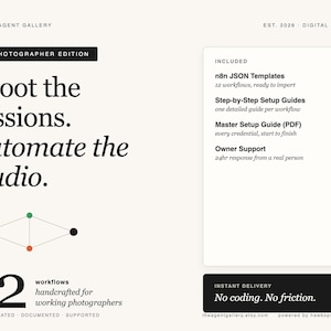 以下が含まれることがあります： Shoot the sessions. Automate the studio.というタイトルのデジタル製品チラシ。12個のn8n JSONテンプレート、ステップバイステップのセットアップガイド、マスターPDFガイド、オーナーサポートが含まれており、幾何学的なノードグラフィックとテキストが配置されています。