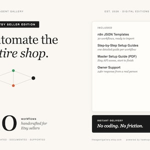 May include: A digital product graphic titled Automate the entire shop, featuring 30 workflows for Etsy sellers. It includes n8n JSON templates, setup guides, a master PDF guide, and owner support. The design uses black text on a cream background.