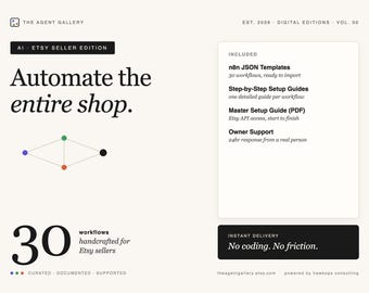 Etsy-mallar för säljautomation | 30 AI-arbetsflöden för Etsy-butiksägare | n8n listnings- och beställningskit