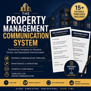 May include: A promotional image for a property management communication system. The design features the title "The Property Management Communication System" with supporting text. Includes templates for resident, vendor, and operational communication. Includes editable DOCX and PDF templates.