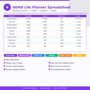 Może przedstawiać: Cyfrowy arkusz kalkulacyjny ADHD Life Planner w fioletowo-białym designie. Arkusz kalkulacyjny zawiera sekcje dotyczące budżetowania, planowania tygodniowego i śledzenia nawyków. Tekst zawiera "ADHD Life Planner Spreadsheet".