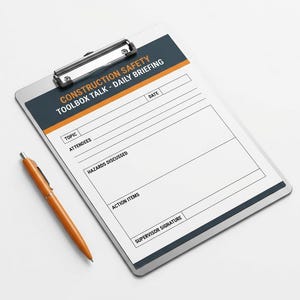 May include: A clipboard with a silver clip, featuring the text "CONSTRUCTION SAFETY TOOLBOX TALK - DAILY BRIEFING." The form includes sections for topic, attendees, hazards, and action items. An orange pen rests beside the clipboard.