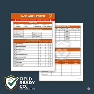 May include: A two-sided white Safe Work Permit document with orange headers and borders. The front features sections for permit type, general information, and a hazard checklist. The back includes an atmosphere testing table and authorization fields.