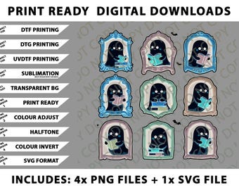Reading Ghosts PNG Bundle, Adorable Halloween Clipart, DTG SVG Files (Digital Download)
