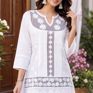 手刺繍インド ChikanKari 100% ピュアコットンレーストップチュニッククルティ