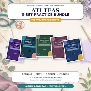 Pode incluir: Um pacote de 5 conjuntos de prática ATI TEAS para preparação para o exame de admissão à escola de enfermagem. Inclui 625 questões originais de leitura, matemática, ciências e inglês, além de 200 questões de revisão com gabaritos.