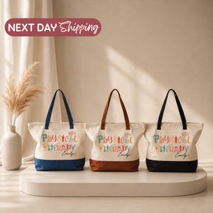 May include: Three canvas tote bags with dark blue, brown, and black bases and handles. Each bag features the text Physical Therapy in colorful letters with small icons of medical equipment and the name Emily written in black script below the text.