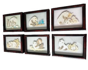 VINTAGE set of 6 MCM Chinese Panda Animal Shadowbox Paper/Cork Gallery Wall Chinoiserie Framed