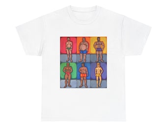 Retro Pop Art Men Swimwear Illustration T-Shirt | Color Block Male Figures