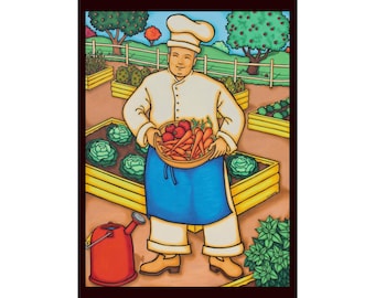 Chef in Garden Fine Art Poster | Farmer Harvest Kitchen Wall Art