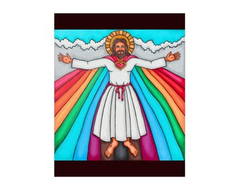 Rainbow Jesus art Poster | Fine Art Poster, Sacred Heart Illustration