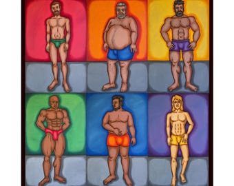 Men in Swimwear Poster | Pop Art Male Torso Prints, Colorful Beachwear Wall Art