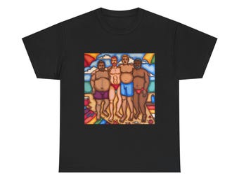Beach Friends T-Shirt | Diverse Men in Swimwear, Summer Illustration