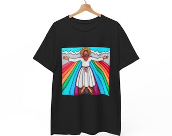 Rainbow Jesus Illustration T-Shirt | Retro Spiritual Artwork