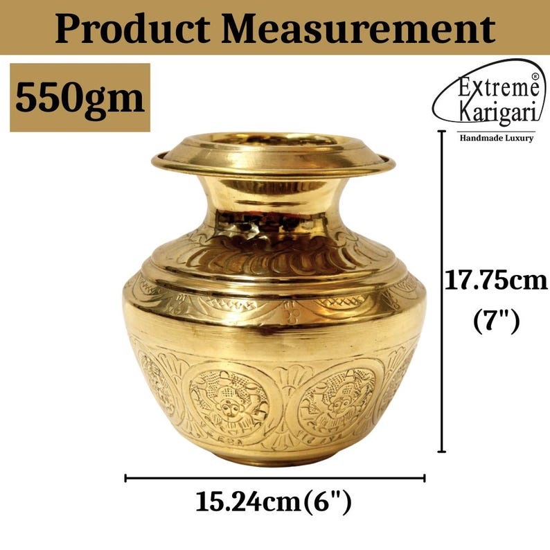May include: A golden brass pot with engraved floral patterns. The pot is 7 inches tall and 6 inches wide, weighing 550 grams. The product is handmade and labeled "Extreme Karigari, Handmade Luxury."