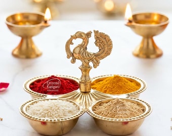 Brass Kankavati Haldi kumkum Container | Peacock Design 4 Bowl for Festivals, Home Mandir