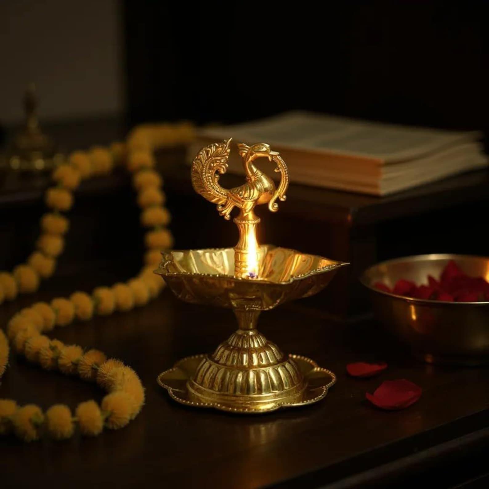 Brass Peacock Kuthu Vilakku: Indian Pooja Oil Lamp, Mandir Decor