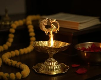 Brass Peacock Kuthu Vilakku: Indian Pooja Oil Lamp, Mandir Decor