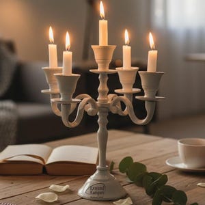 May include: A white candelabra with five lit candles. The candelabra is on a wooden table with a book, a cup, and some leaves. The candelabra has a decorative design and is made of metal. The candles are white and have a warm glow.