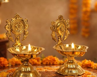 Hand-Engraved Brass Diya Set | Traditional Indian Oil Lamp, Puja Decor