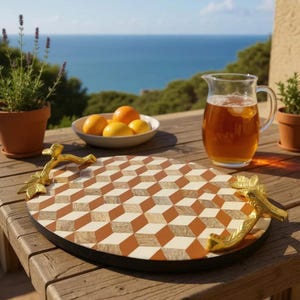 Geometric Inlay Wooden Serving Tray: Gold Bird Handles, Boho Decor