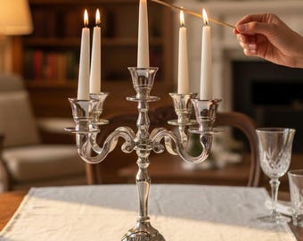 Silver Candelabra Centerpiece | 5 & 3 Arm Nickel Candle Holder, Wedding Table Decor, Handmade Classic European Style