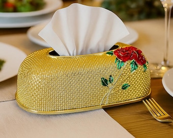Luxury Rose Tissue Box Cover: Gold Floral Design, Elegant Home Decor