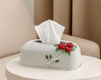 German Silver Tissue Box Cover: Red Rose Floral Design, Luxury Home Decor