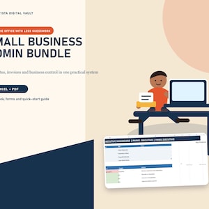 Könnte beinhalten: Eine digitale Produktwerbung für ein Small Business Admin Bundle von Batista Digital Vault. Sie zeigt eine Zeichentrickfigur an einem Schreibtisch mit Laptop und einer Tabelle mit dem Titel Executive Dashboard, inklusive Excel- und PDF-Formaten.