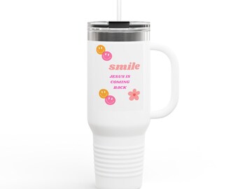 Taza de viaje "Sonríe, Jesús regresa" / Vaso térmico de 40 oz