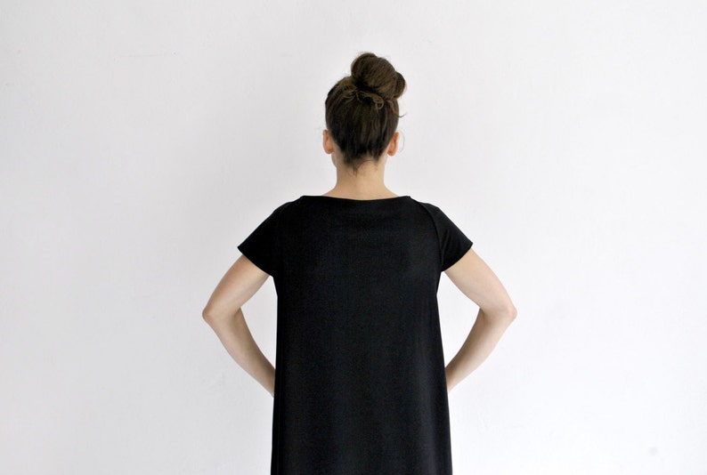 black mini dress, balloon dress, oversized dress, black short dress, boat neckline image 2