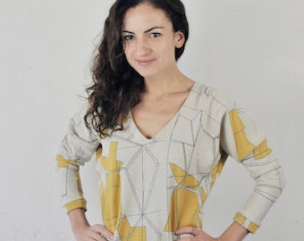 mustard jaquard pullover, pattern knitwear, longsleeve with dolman sleeves