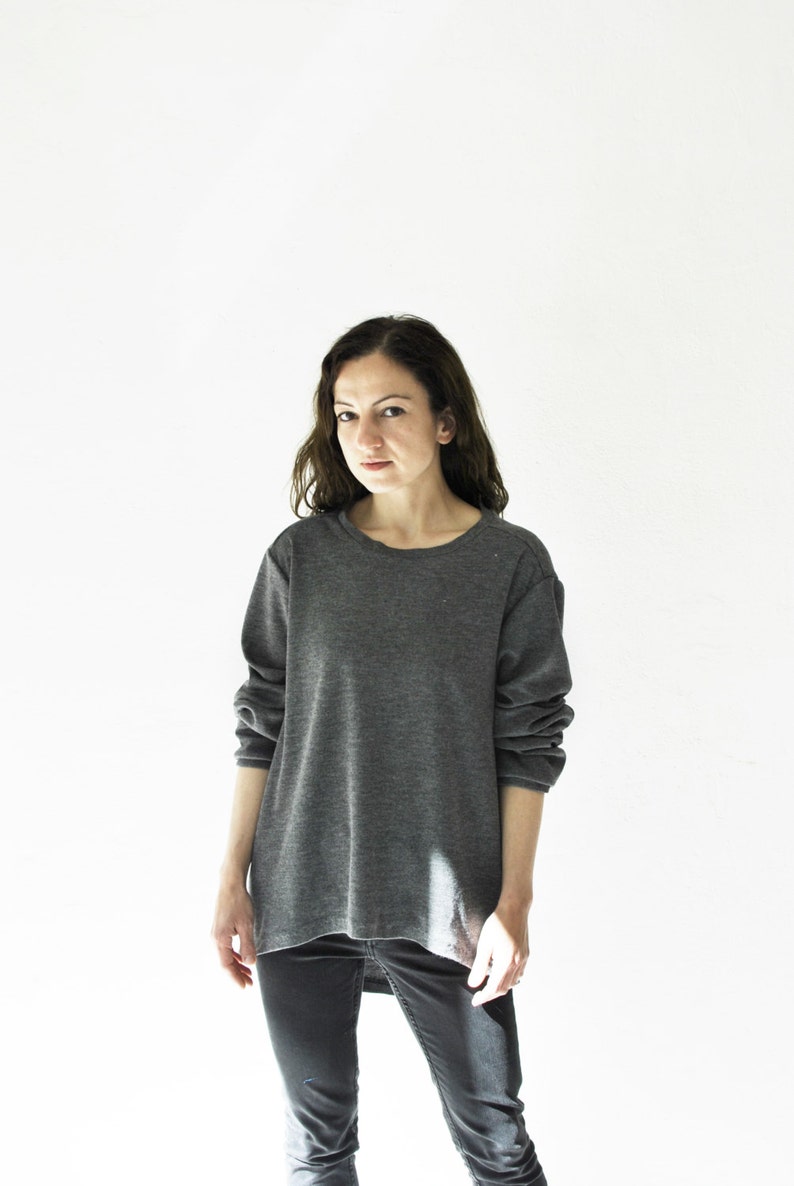 basic pullover, oversized fleece pullover, unique cut, long sleeve, grey image 1