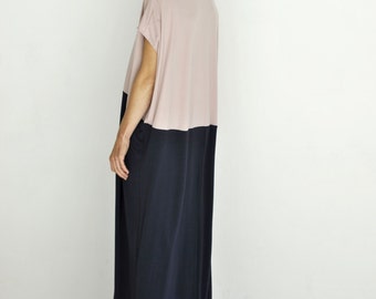 oversized maxi dress, plain wide dress, modern hippie dress, jersey, blue, smoke rose