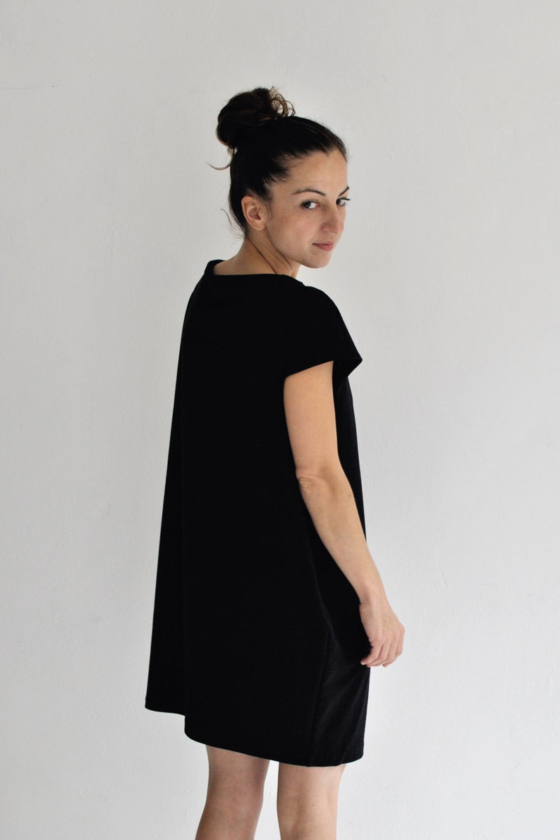 black mini dress, balloon dress, oversized dress, black short dress, boat neckline image 4