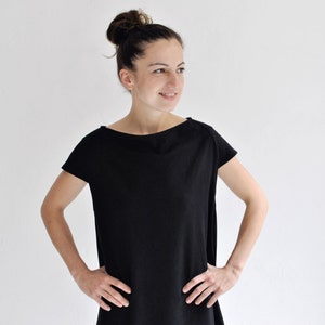 black mini dress, balloon dress, oversized dress, black short dress, boat neckline image 3