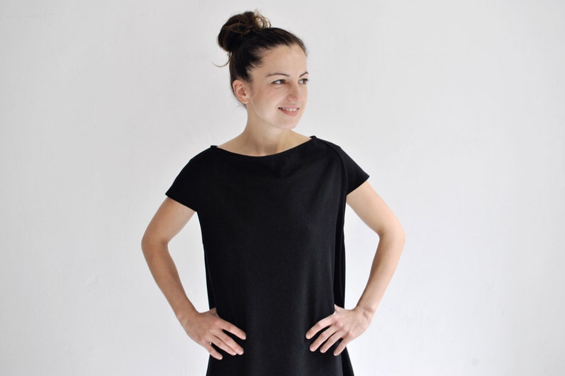 black mini dress, balloon dress, oversized dress, black short dress, boat neckline image 3