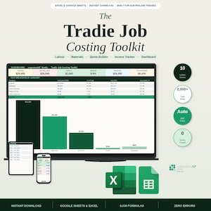 Può includere: Grafica digitale che promuove il "Tradie Job Costing Toolkit" per gli artigiani australiani. L'immagine presenta un laptop, un tablet e uno smartphone che mostrano fogli di calcolo, insieme alle icone di Excel e Google Sheets. Il testo include "Download istantaneo" e "Zero errori."